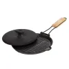 Tigaie grill din fontă cu mâner lemn detașabil 25cm, cu presă 3kg