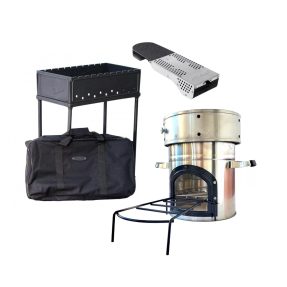 Set aragaz pe lemne EcoZoom INOX, Arzător suflantă JET-FLAME, Grătar portabil din fontă